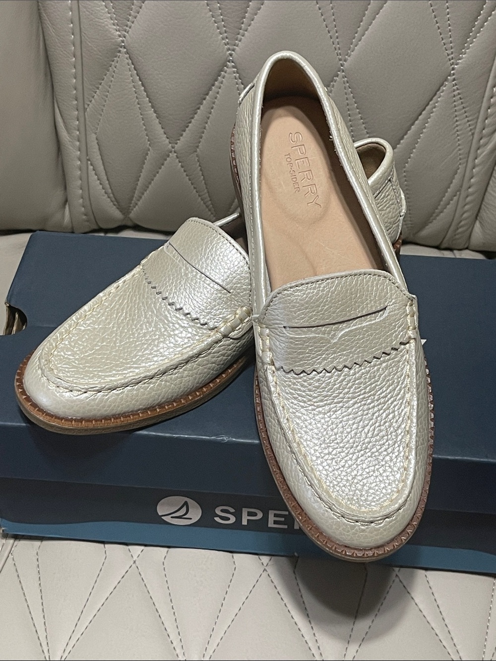 Sperry Women’s Pebbled Leather Penny Loafers in Off-White/Cream